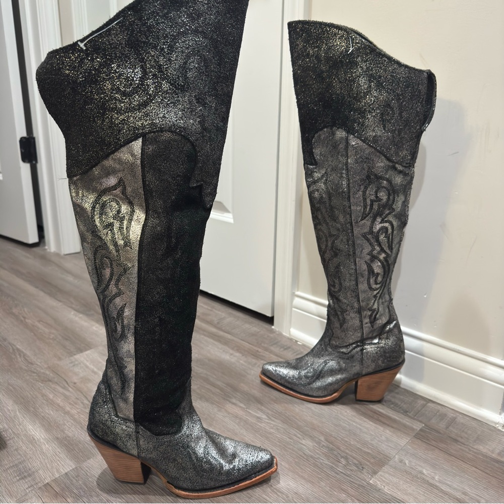 Corral Boots Metallic Tall OTK Silver Black Suede Leather Western Boots Z5245